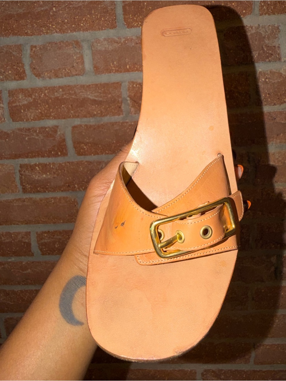 Coach Tan Leather Slide Sandals with Gold Buckle - Women - Picture 6 of 11